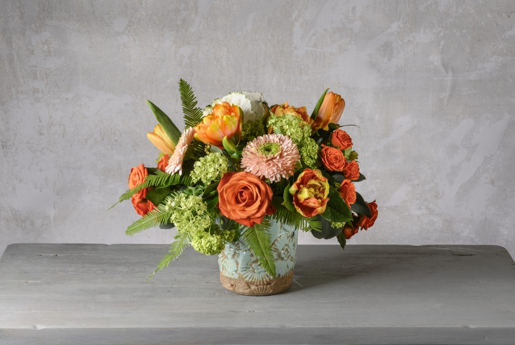 PENNY Vibrant Spring Flower Arrangement in Aqua Cachepot Robin Wood