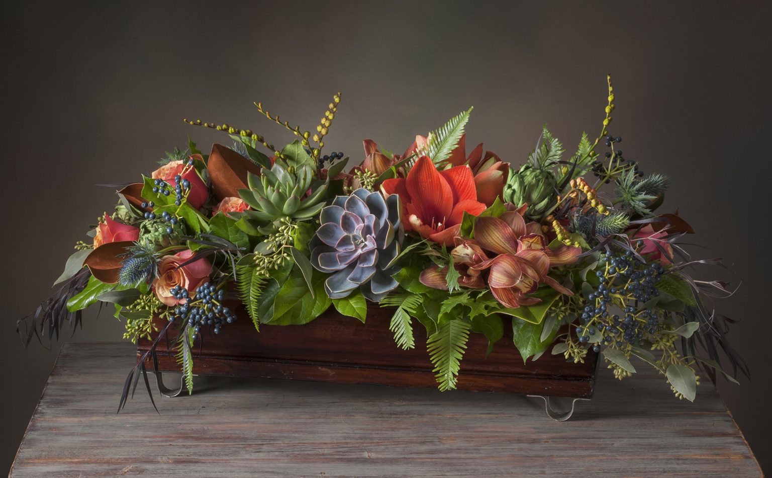 TAYLOR Lush Fresh Flower Centerpiece with Berries and Succulents in