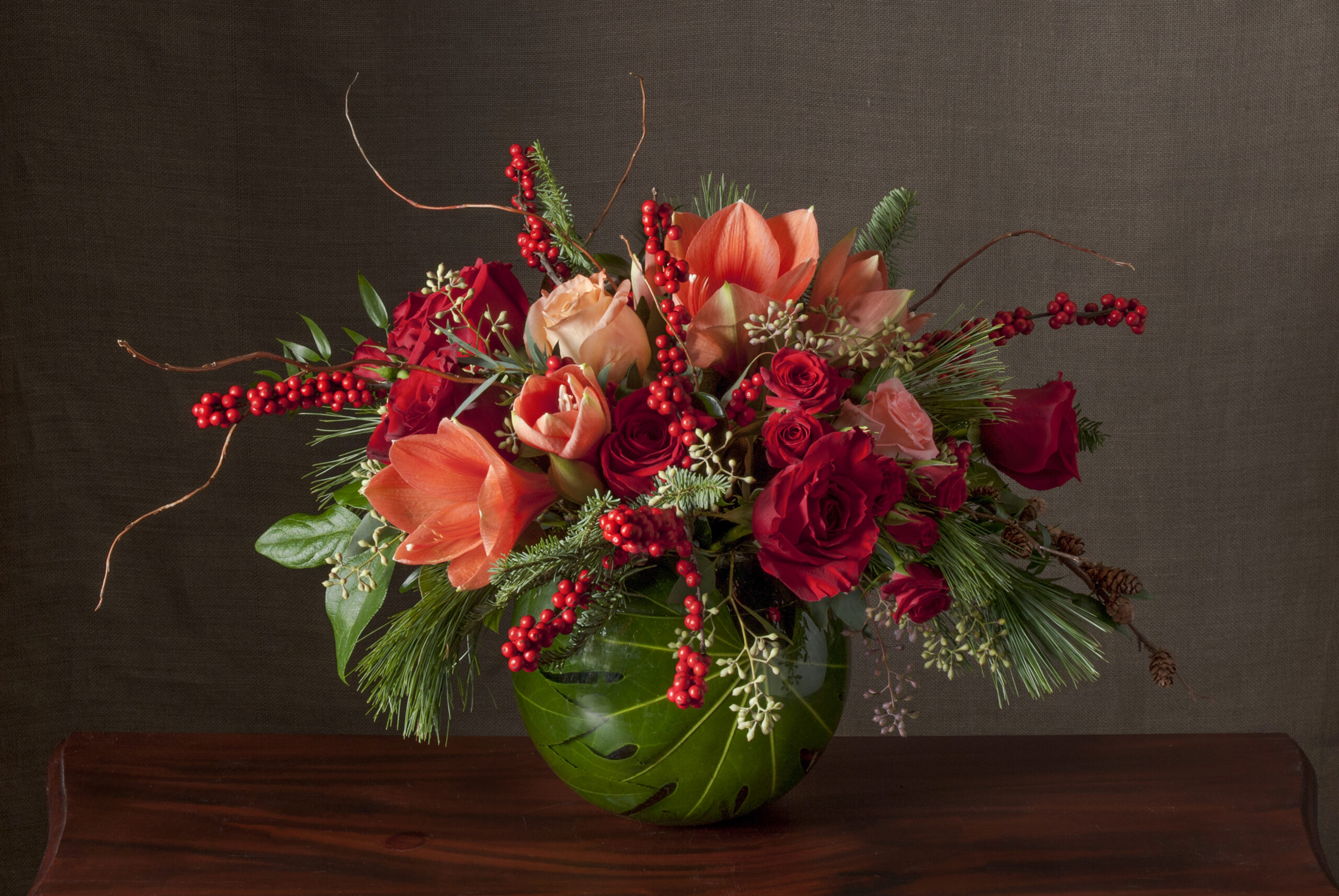 CAMDEN Lush Flowers, Evergreens, and Winterberries in Bright Holiday